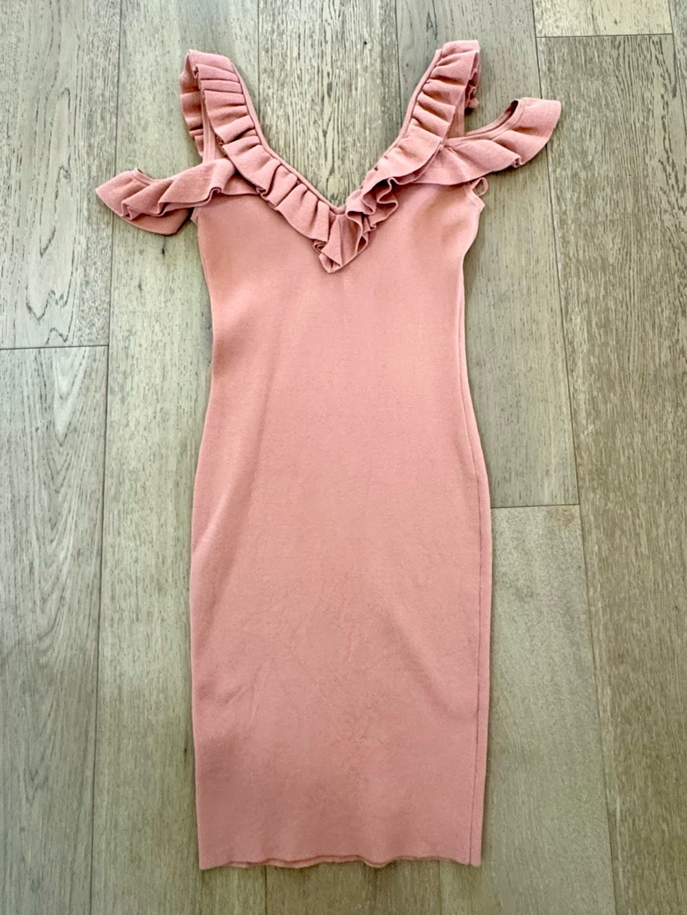 Ronny Kobo Y2K Ruffled V-Neck Knot Soft Girl Peach Coquette sheath Midi Dress - Picture 4 of 6